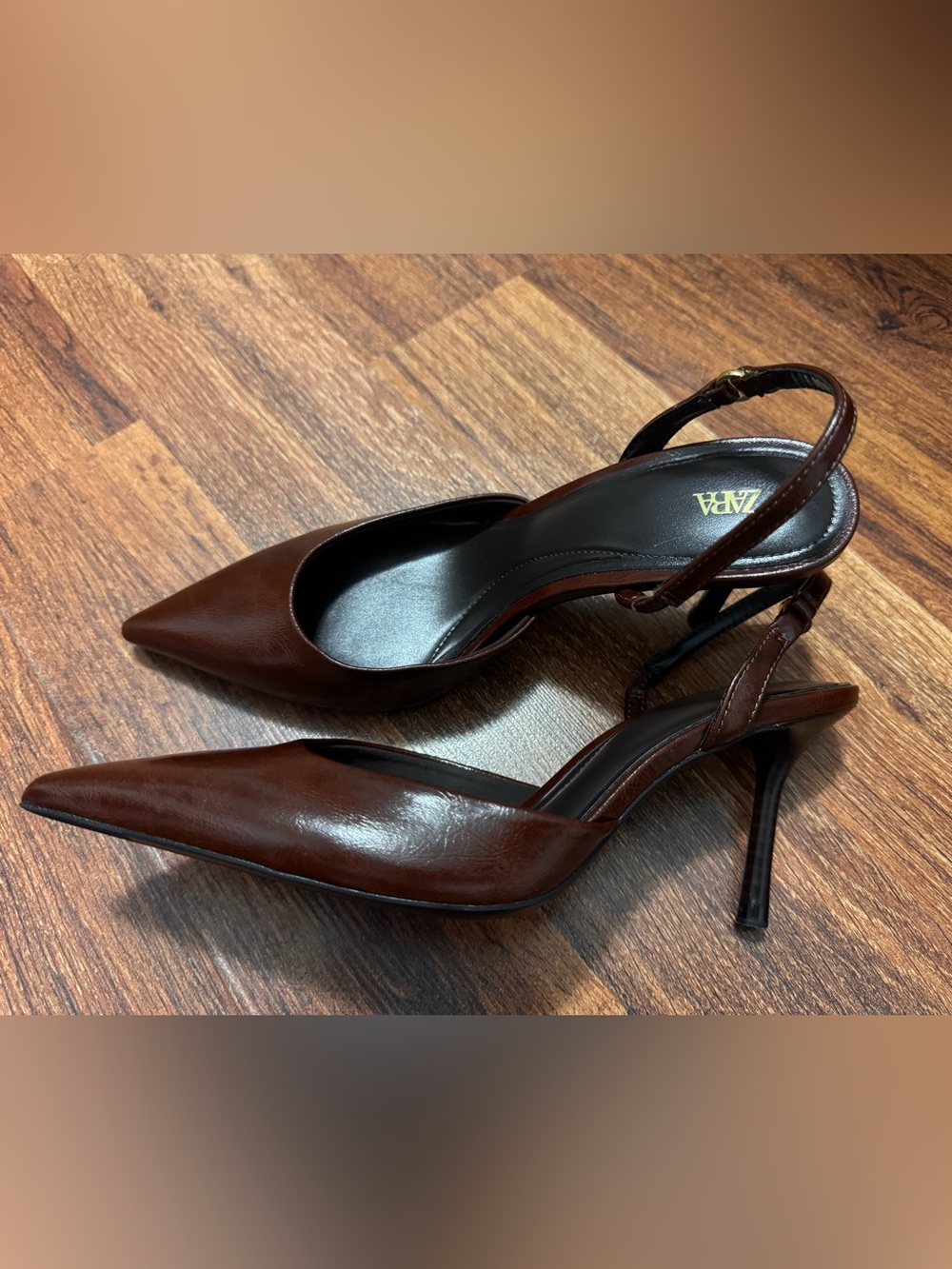 Zara Dark Brown Leather Pointed Slingback Heels